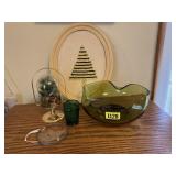 Holiday picture, decor, green glass bowl