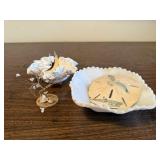 Milk glass bowls, sea shells tree, glass fish