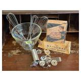 Glass mixing bowl, whisks, vintage cake & cookie