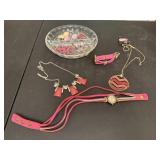 Glass dish, pink Sterling, costume jewelry