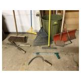 Trash barrel, yard tools, snow shovel, rakes,