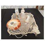 Shabby chick, pearls, doilie, collectibles, plate