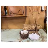 Baskets, wooden cat tails, milk glass bowl