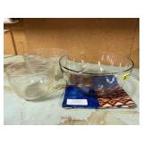 Pyrex, glass mixing bowls, potholder