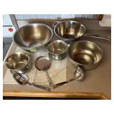 Stainless bowls, colander, utensils