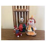 Clown collectibles (3), wood stand/shelf