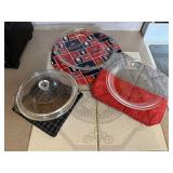 Glass baking dishes, handmade hotpads