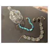 Candy jar, vintage necklaces, earrings