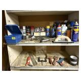 Shelf of consumables, paint, shop supplies, hand