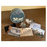 Tin of postcards, souvenir roulette ashtray