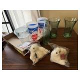 Coca Cola glasses, plush polar bears, soda bottle
