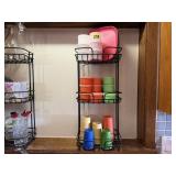 Wire organizer, Tupperware snack plates, tumblers