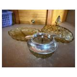 Amber pickle, candy dishes, ashtray