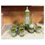 Vintage pottery beverage set, tall carafe, cups,