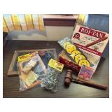 NOS marbles, toy chalkboards, smiley coasters