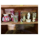 Holiday vases, jar of ribbon, candles, decor