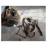 Bucket of rope, baling twine, block & tackle