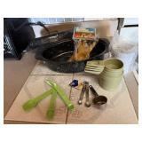 Enamel roaster, grater, measuring cups, spoons