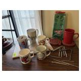 Christmas mugs, nutcrackers, picks, ice tray