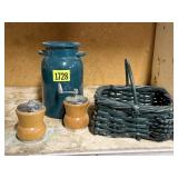 Green crock, salt & pepper shakers, basket