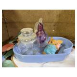 Blown glass pear, mouse, jar, pottery dish, runner