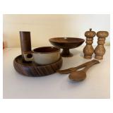 Wooden bowls, shakers, stoneware bowl, utensils