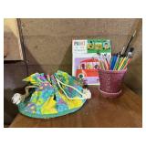 Flower pot, paint brushes, art kit, satchel