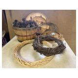 Bushel basket of pinecones, wreath forms, basket