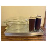 Fire King dish, Tupperware salt & pepper, hot tray