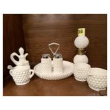 Milk glass hobnail collection, cruet, cream &