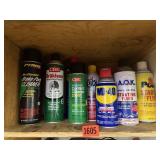 Shelf of consumables, shop supplies, WD-40, brake