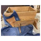 Wood crate, shop apron, wood shelf