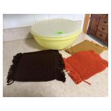 Tupperware party bowl, handcrafted hot pads