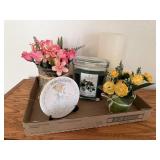 Candles, floral decor, Precious Moments plate