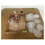 Liquor bottles, shot glass, glass coasters (2),