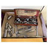 Box of sockets, ratchets, metal toolbox