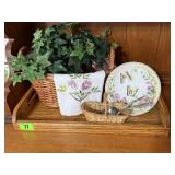 Wooden tray, porcelain butterfly wall decor,