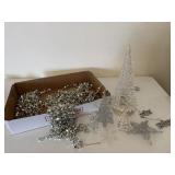 Beaded garland, glass, plastic Christmas trees,