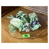 Pink depression glass dessert plate, candle ring