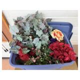 Storage tote of silk flowels, floral picks,