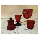 Ruby etched Atomic goblet, red votive holders