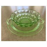 Green depression glass bowl, cake plate