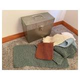 Metal file box, knitted Un-Finished Objects (UFO)