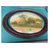 Antique bubble glass frame, farm print