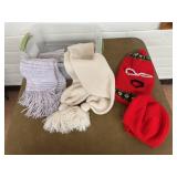 Storage tote, scarves, ski mask, knit beret