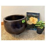 Pottery flower pot, wood stand, artificial