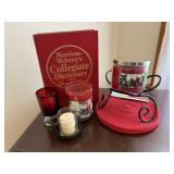 Webster dictionary, candles, wrought iron stand