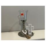 Silver tray, candleholder, cross, beaded tie