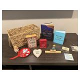 BAsket, books, magnets, decor
