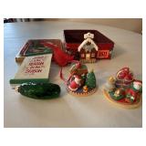 Christmas ornaments, pickle, cookie tin